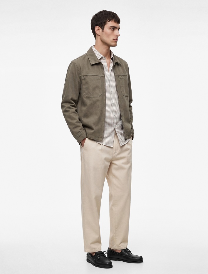  Regular Fit Uzun Kollu Cepli Klasik Yaka Gabardin Fermuarlı Gömlek