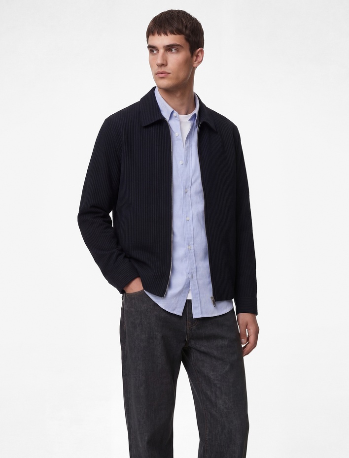  Uzun Kollu Gömlek Yaka Fermuarlı Çizgili Bomber Ceket