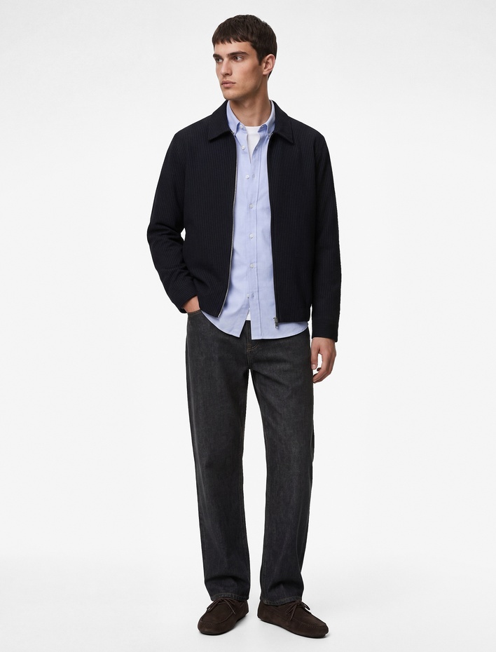  Uzun Kollu Gömlek Yaka Fermuarlı Çizgili Bomber Ceket