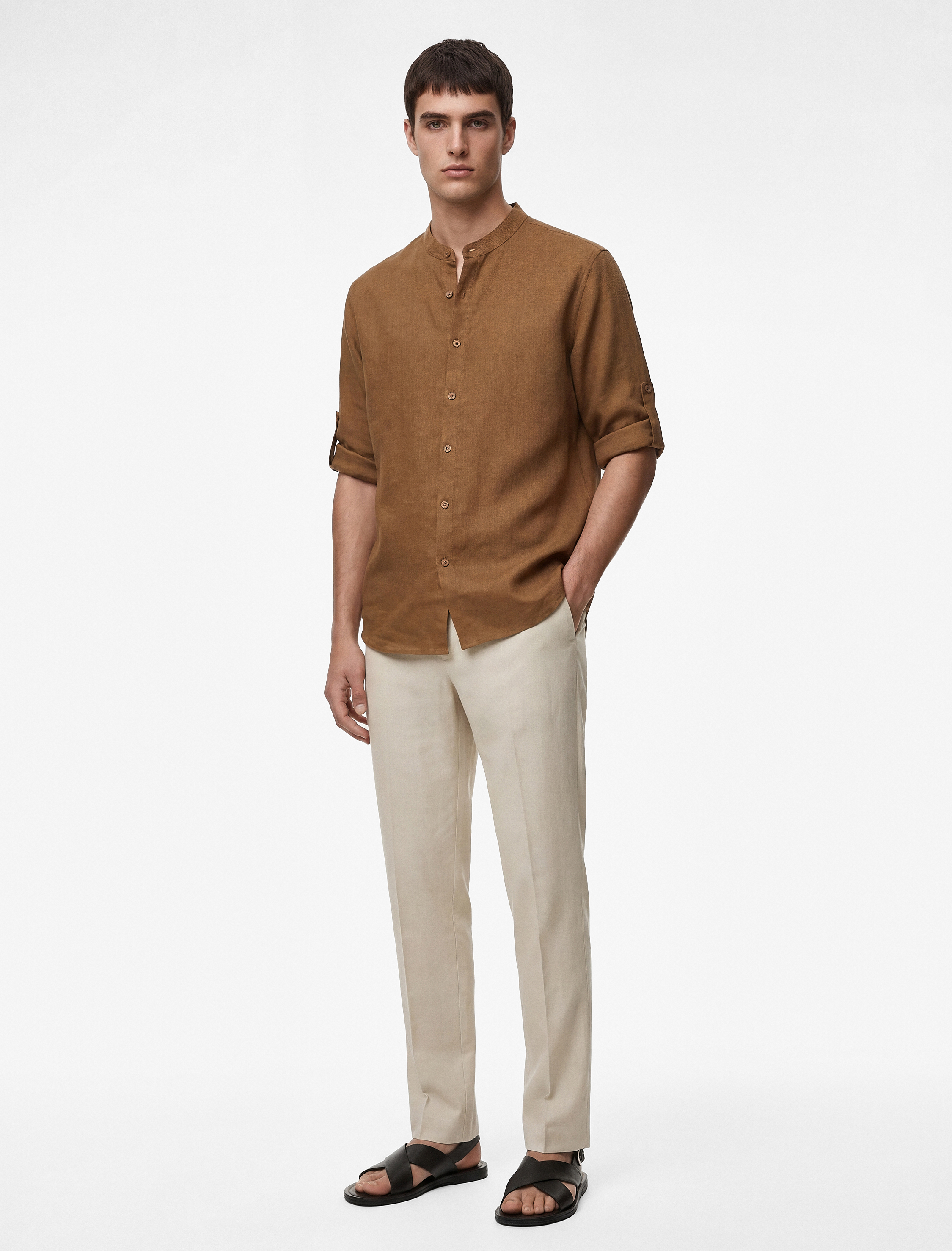 Regular Fit Uzun Kollu Hakim Yaka Keten Gömlek