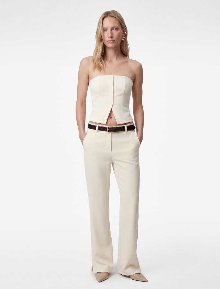  Cepli Viskon Karışımlı Yırtmaç Detaylı Yüksek Bel Geniş Paça Pantolon