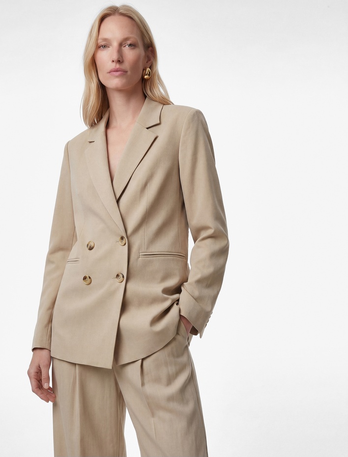  Viskon Düğmeli Cep Detaylı Uzun Kollu Kruvaze Yaka Blazer Ceket