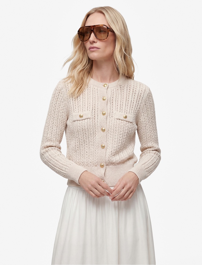  Düğmeli Uzun Kollu Bisiklet Yaka Ajurlu Triko Hırka