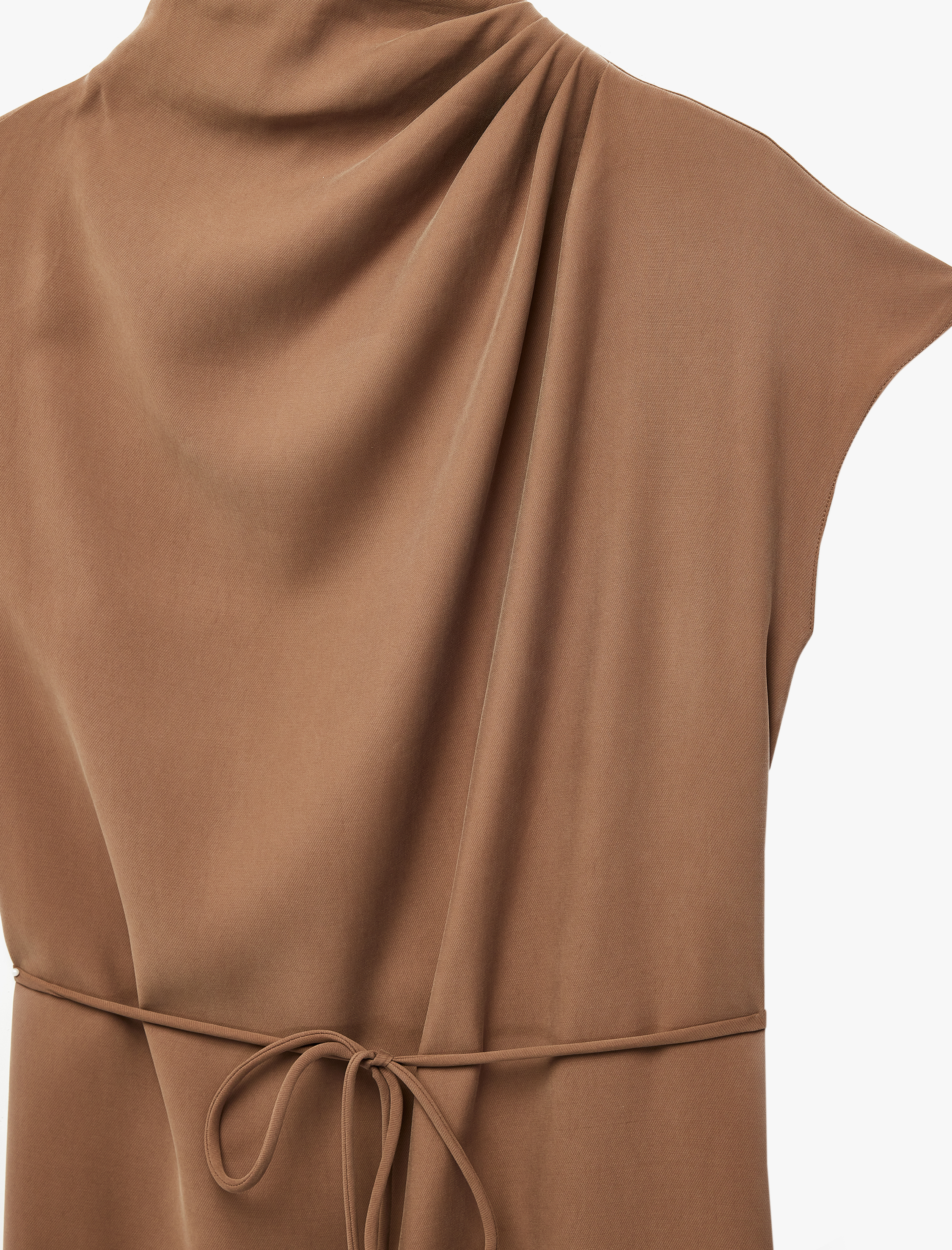 Viskon Kupro Kumaş Kap Kol Bağlama Detaylı Dik Yaka Drapeli Midi Elbise - Görsel 4