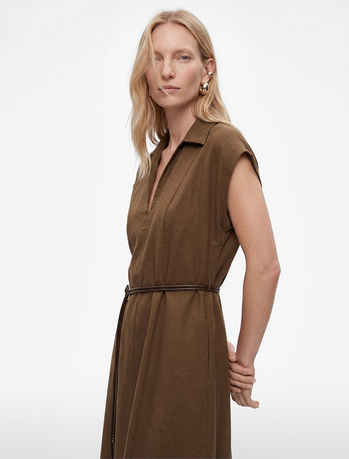  Kap Kol Kaçık Gömlek Yaka Kemerli Midi Elbise