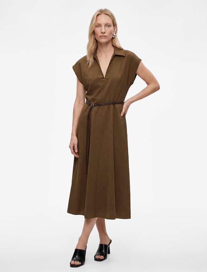  Kap Kol Kaçık Gömlek Yaka Kemerli Midi Elbise