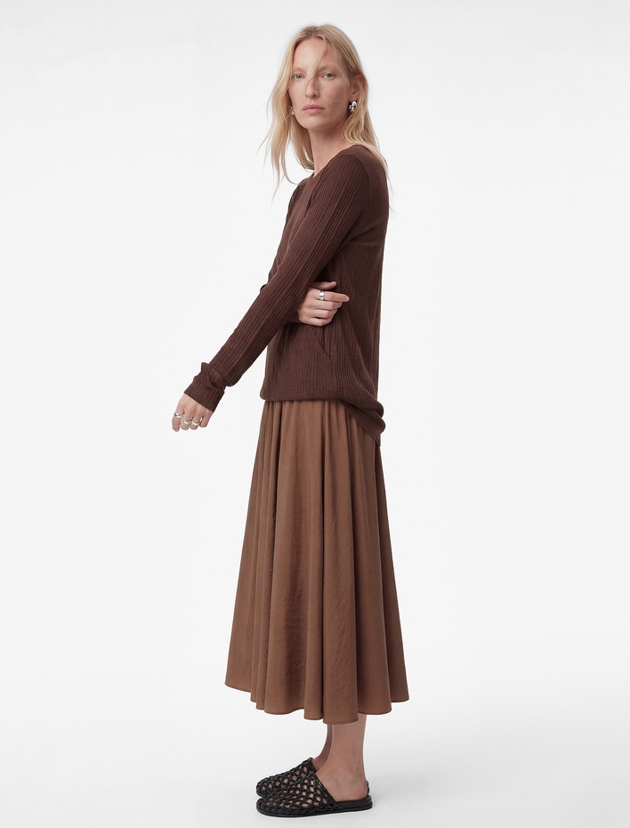  Modal Kumaş Beli Lastikli Midi Kloş Etek