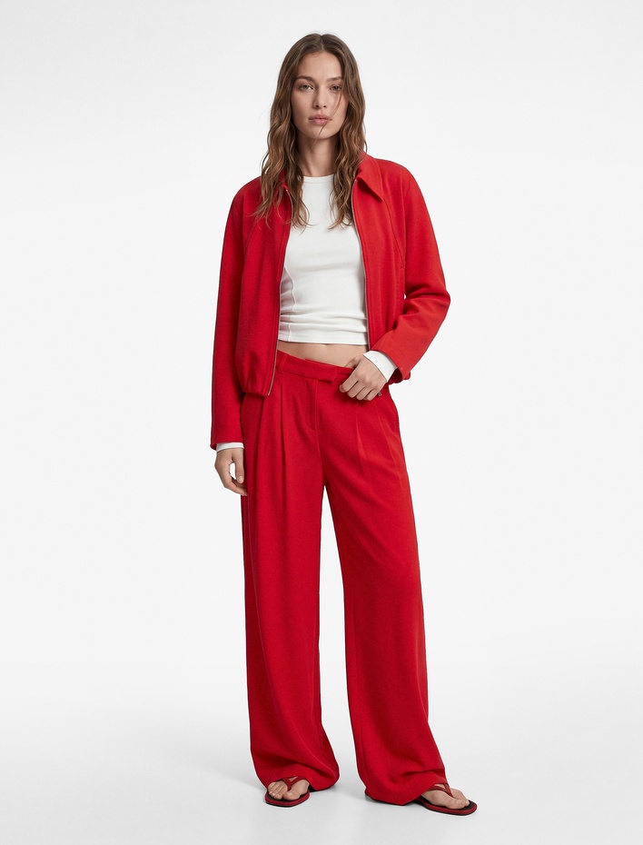  Pile Detaylı Cepli Düz Geniş Paça Palazzo Pantolon