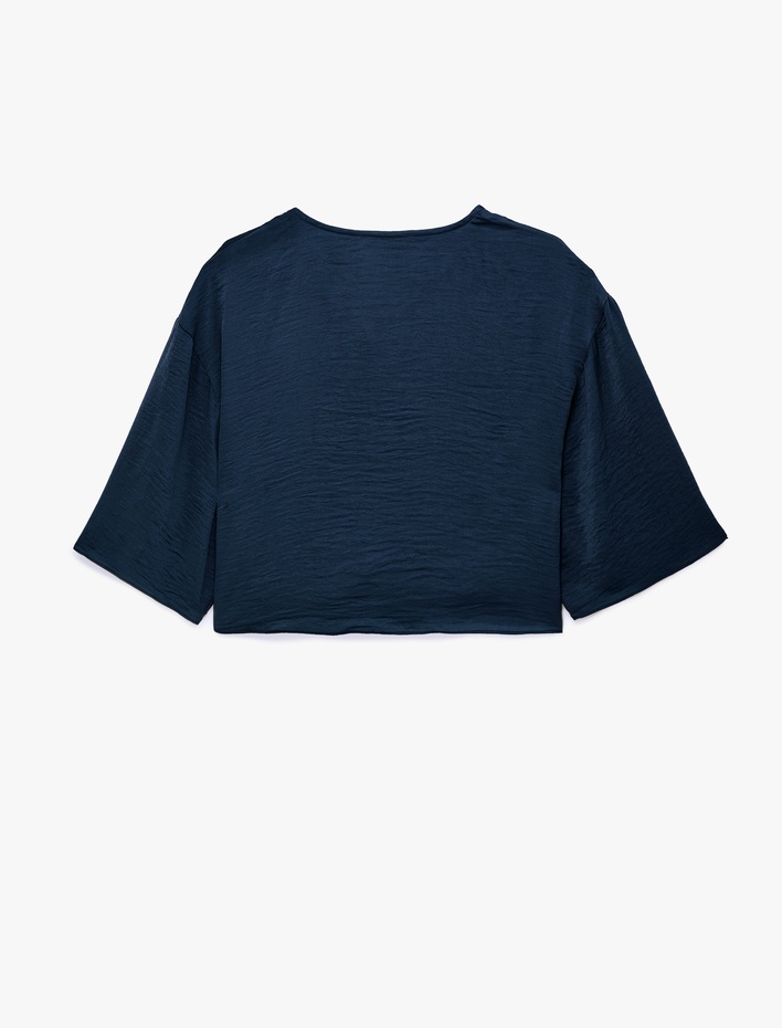  Aerobin Kumaş Rahat Kalıp Bağlamalı Yuvarlak Yaka Kısa Kollu Saten Bluz