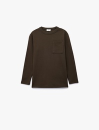 Cep Detaylı Dokulu Bisiklet Yaka Uzun Kollu Tişört