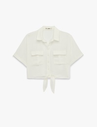 Aerobin Kumaş Rahat Kalıp Kısa Kollu Bağlama Detaylı Cepli Yazlık Gömlek