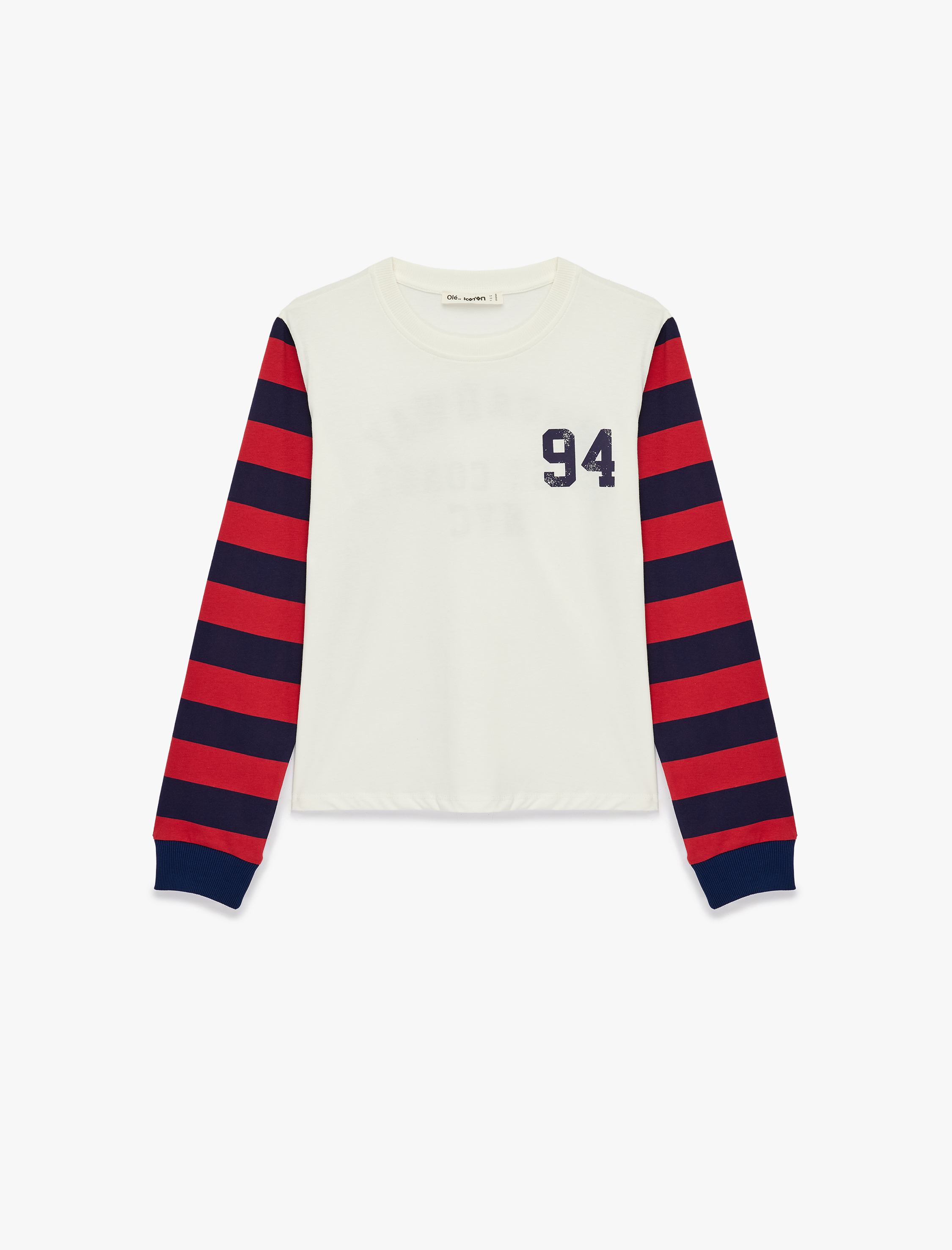   Pamuklu Uzun Kollu Bisiklet Yaka Arkası Baskılı Çizgili Tişört