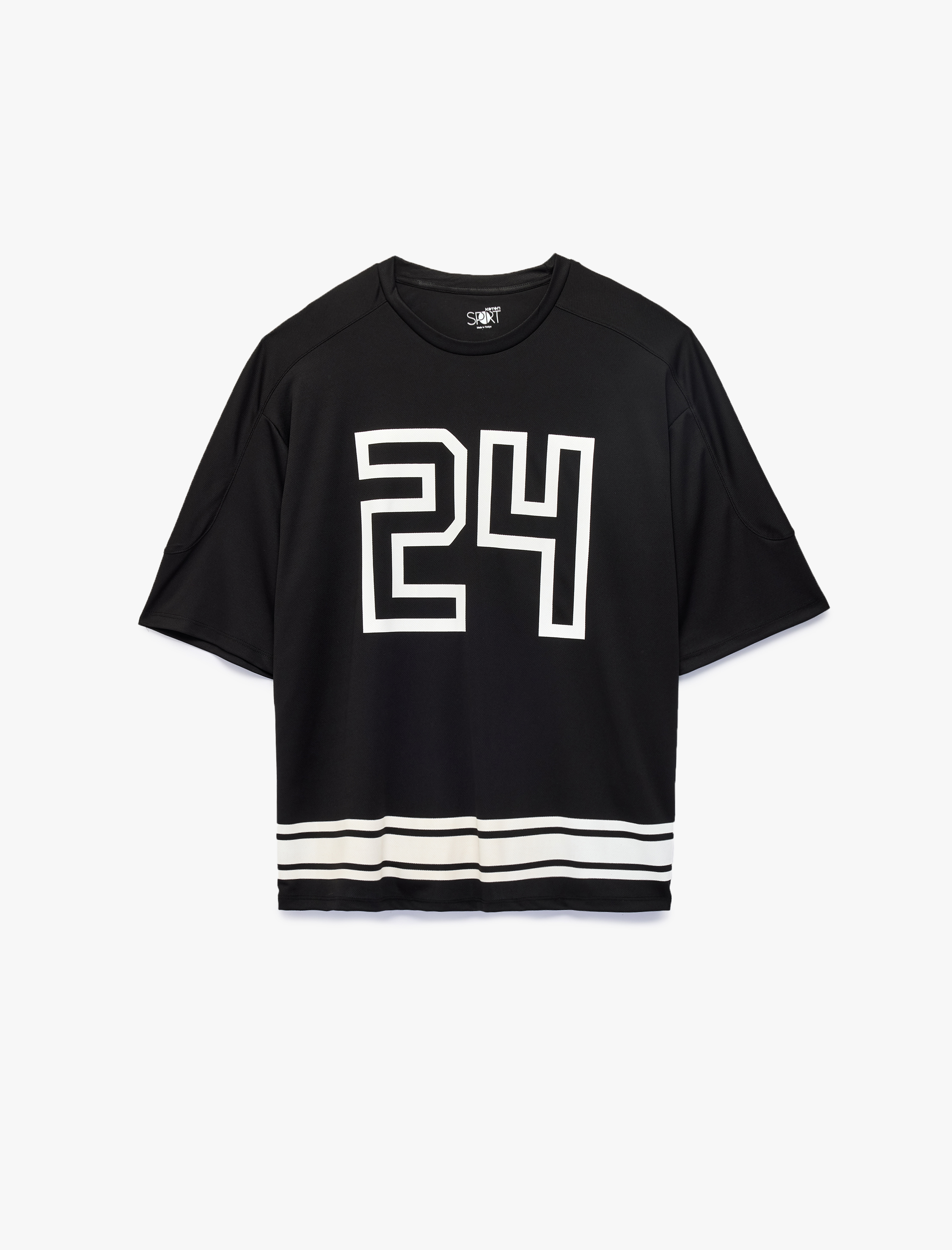   Yarım Kollu Çizgi Detaylı Bisiklet Yaka Baskılı Oversize Spor Tişört