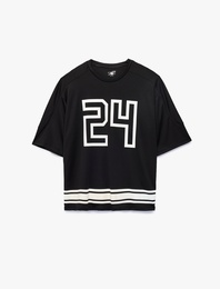 Yarım Kollu Çizgi Detaylı Bisiklet Yaka Baskılı Oversize Spor Tişört