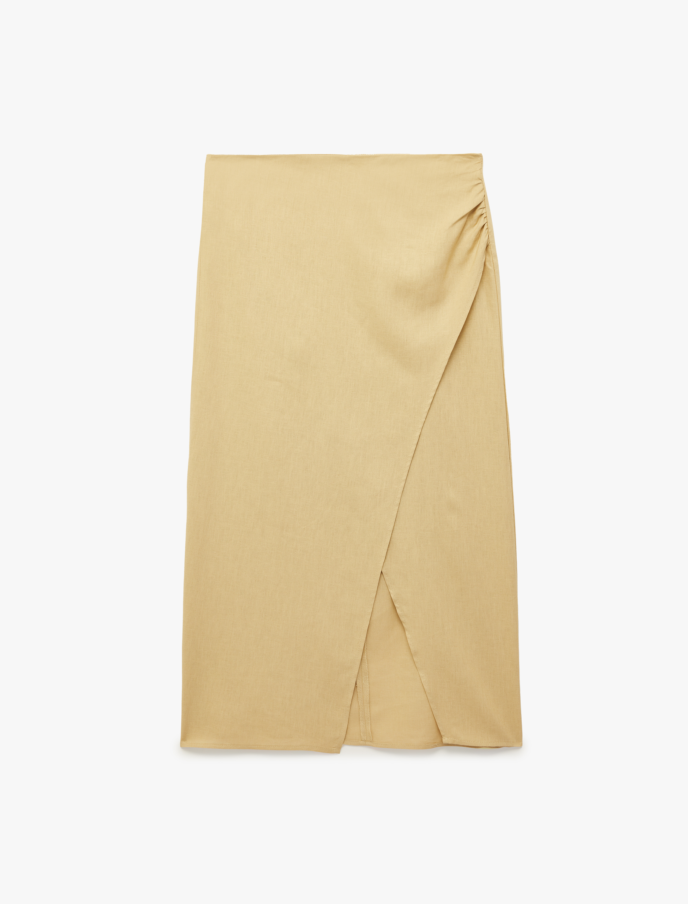   Drapeli Asimetrik Yırtmaç Detaylı Kruvaze Kalem Midi Keten Etek