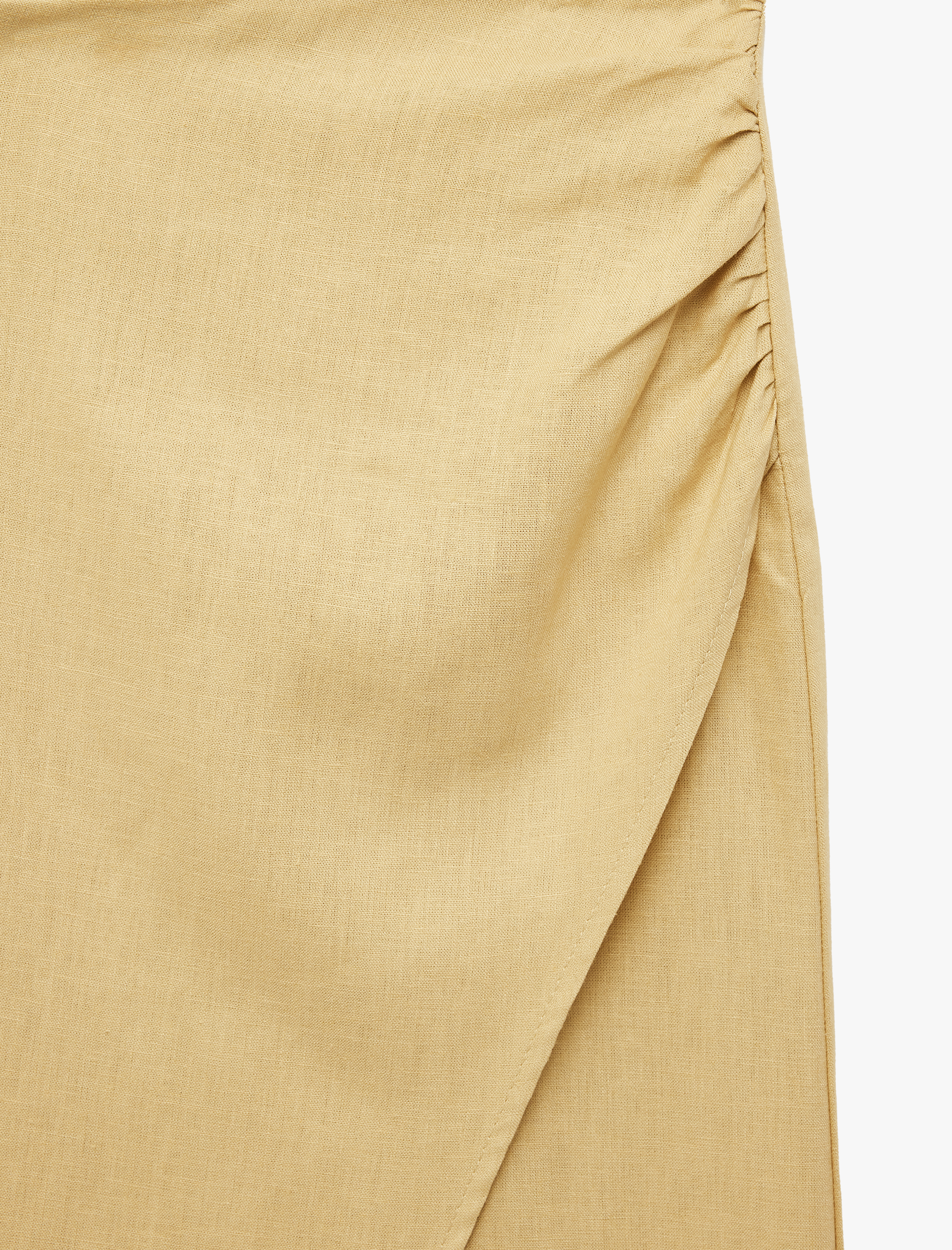   Drapeli Asimetrik Yırtmaç Detaylı Kruvaze Kalem Midi Keten Etek