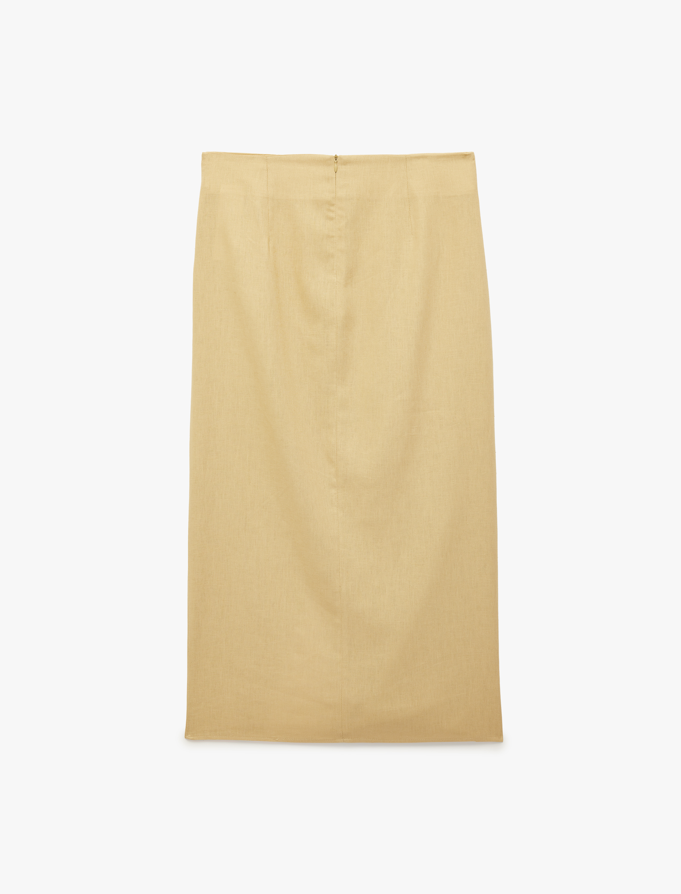   Drapeli Asimetrik Yırtmaç Detaylı Kruvaze Kalem Midi Keten Etek