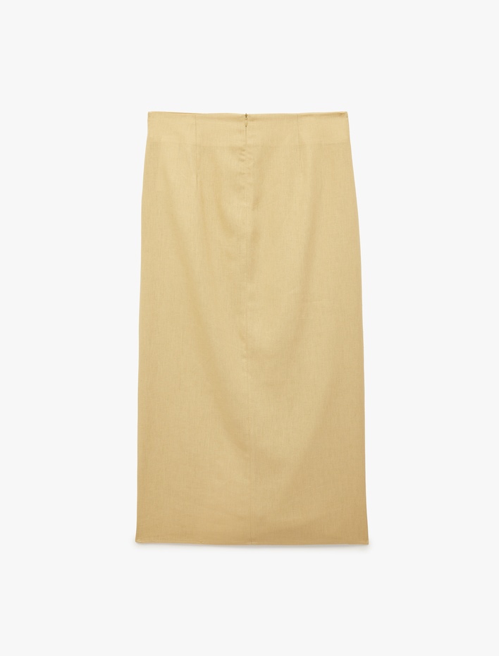  Drapeli Asimetrik Yırtmaç Detaylı Kruvaze Kalem Midi Keten Etek