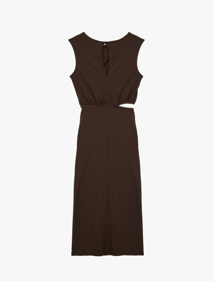  Pamuklu Pencere Detaylı Kolsuz Bisiklet Yaka Midi Slip Elbise