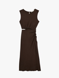 Pamuklu Pencere Detaylı Kolsuz Bisiklet Yaka Midi Slip Elbise