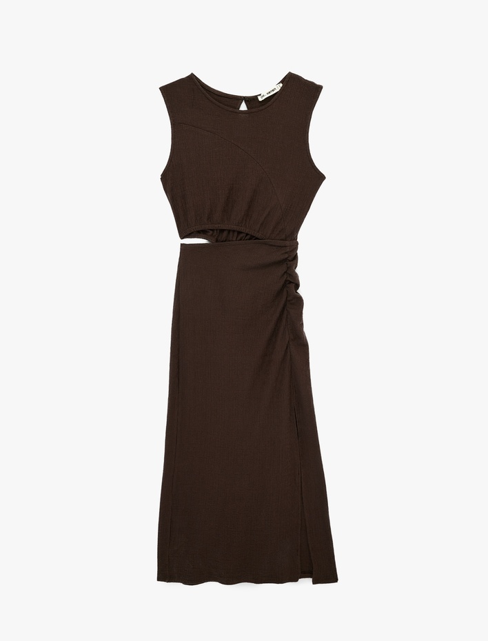  Pamuklu Pencere Detaylı Kolsuz Bisiklet Yaka Midi Slip Elbise