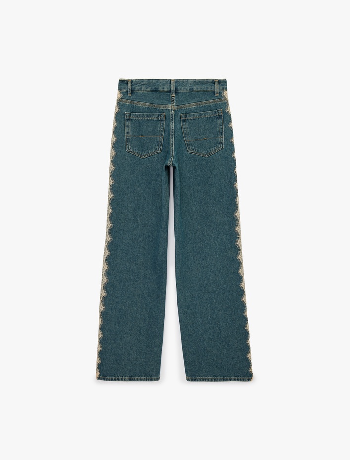  Dantel Detaylı Uzun Düz Paça Pamuklu Denim Pantolon - Straight Fit Jean