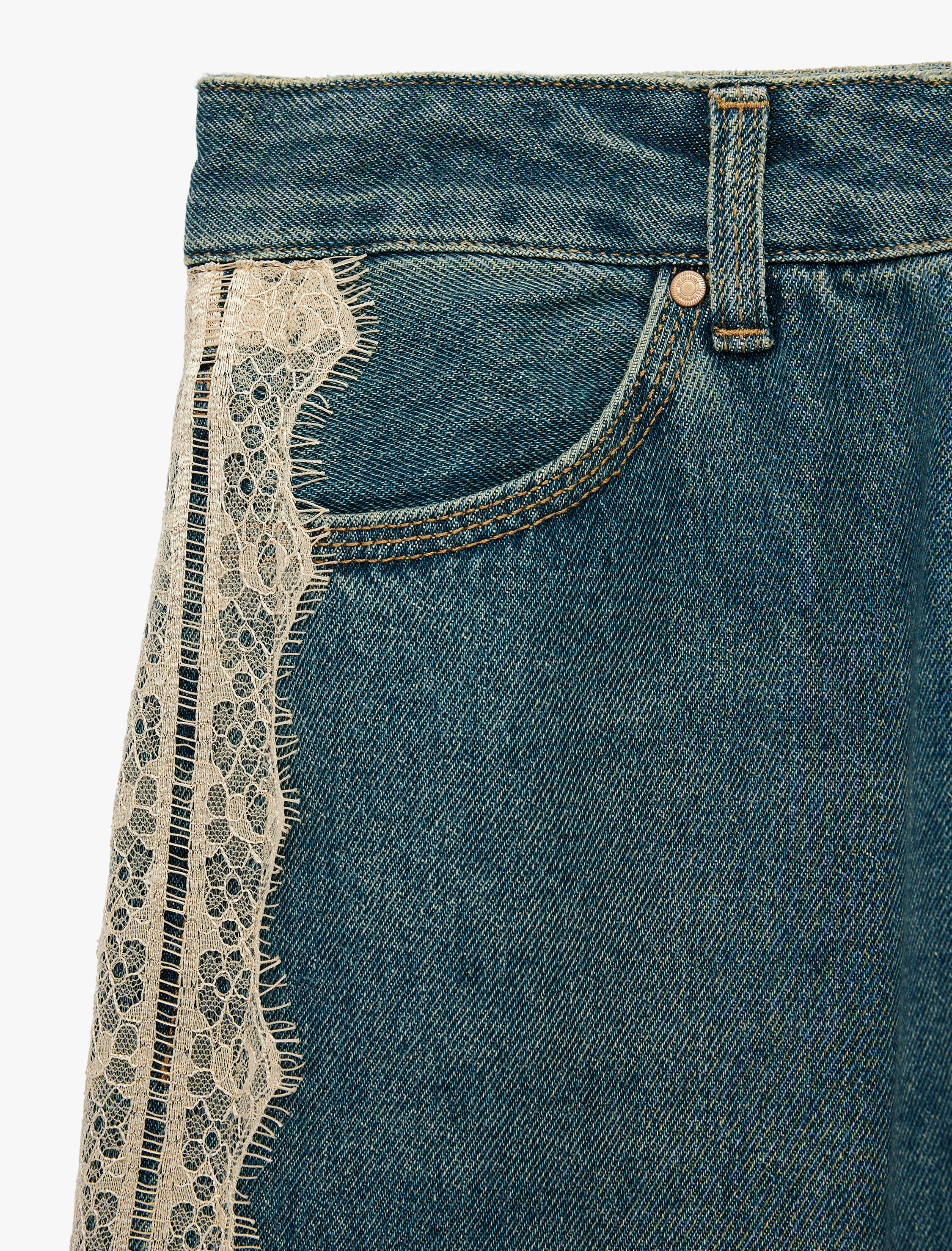   Dantel Detaylı Uzun Düz Paça Pamuklu Denim Pantolon - Straight Fit Jean