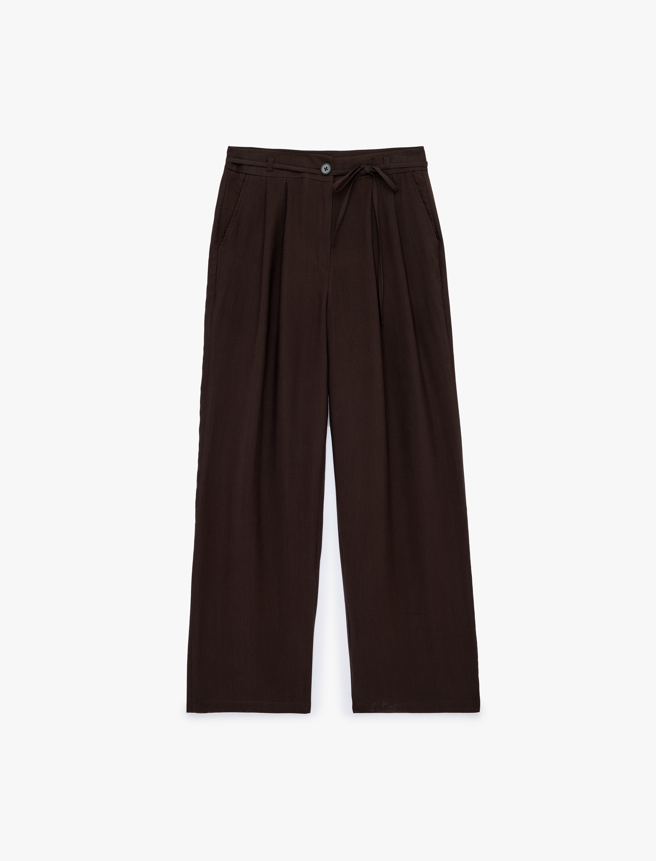   Beli Bağcıklı Cep Detaylı Geniş Paça Kumaş Pantolon