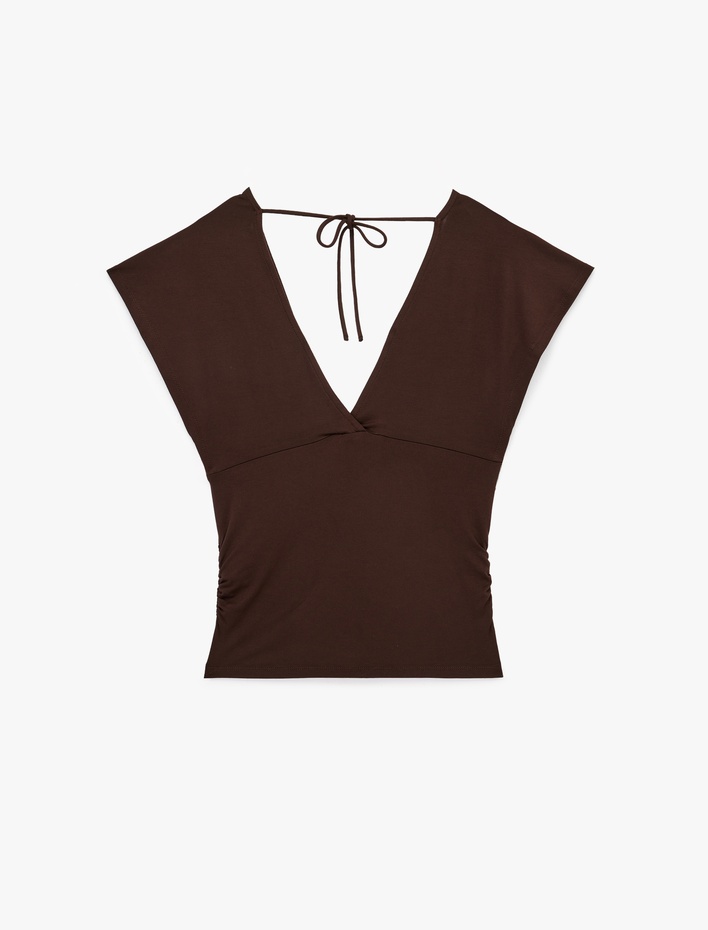  Slim Fit Kısa Kollu Bağlama Detaylı V Yaka Bluz