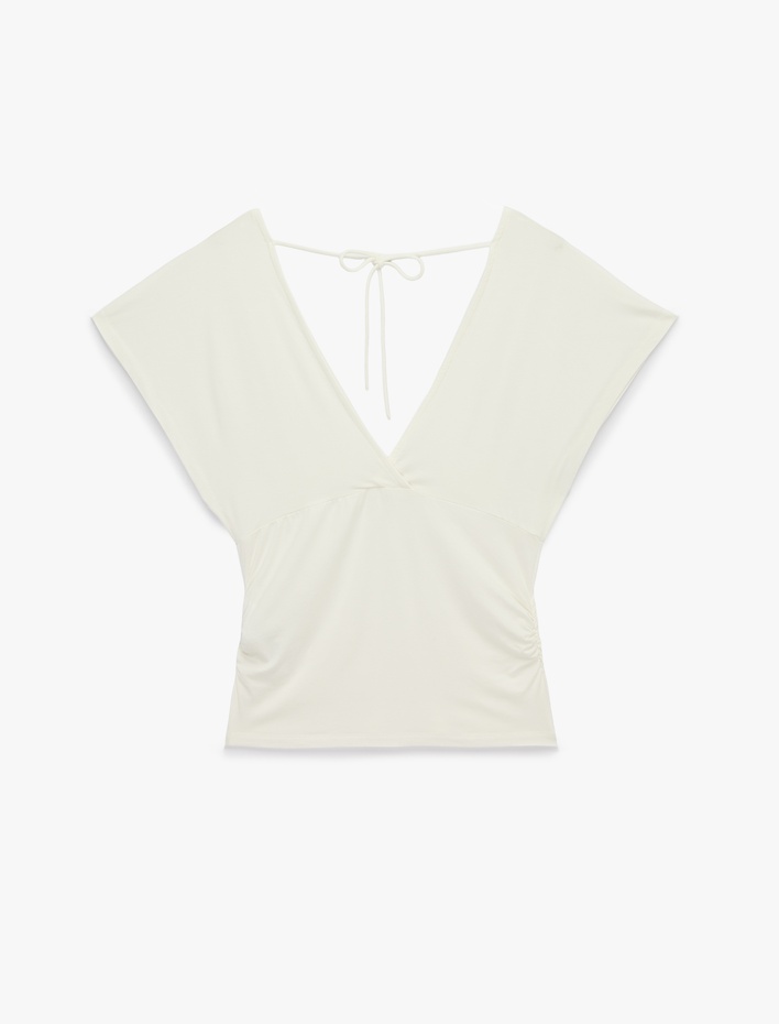  Slim Fit Kısa Kollu Bağlama Detaylı V Yaka Bluz