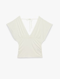 Slim Fit Kısa Kollu Bağlama Detaylı V Yaka Bluz