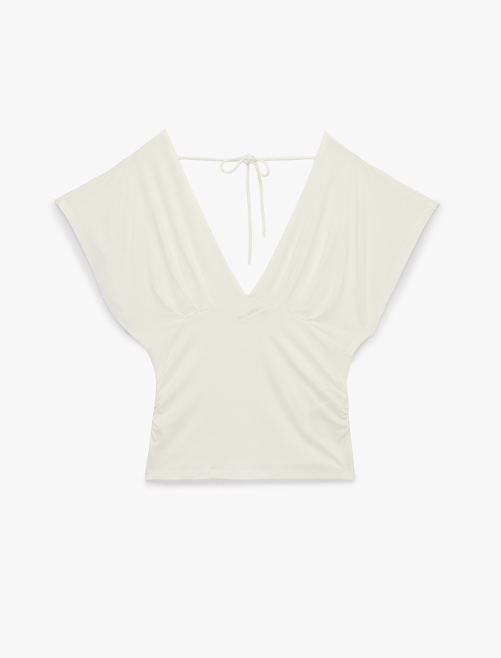  Slim Fit Kısa Kollu Bağlama Detaylı V Yaka Bluz