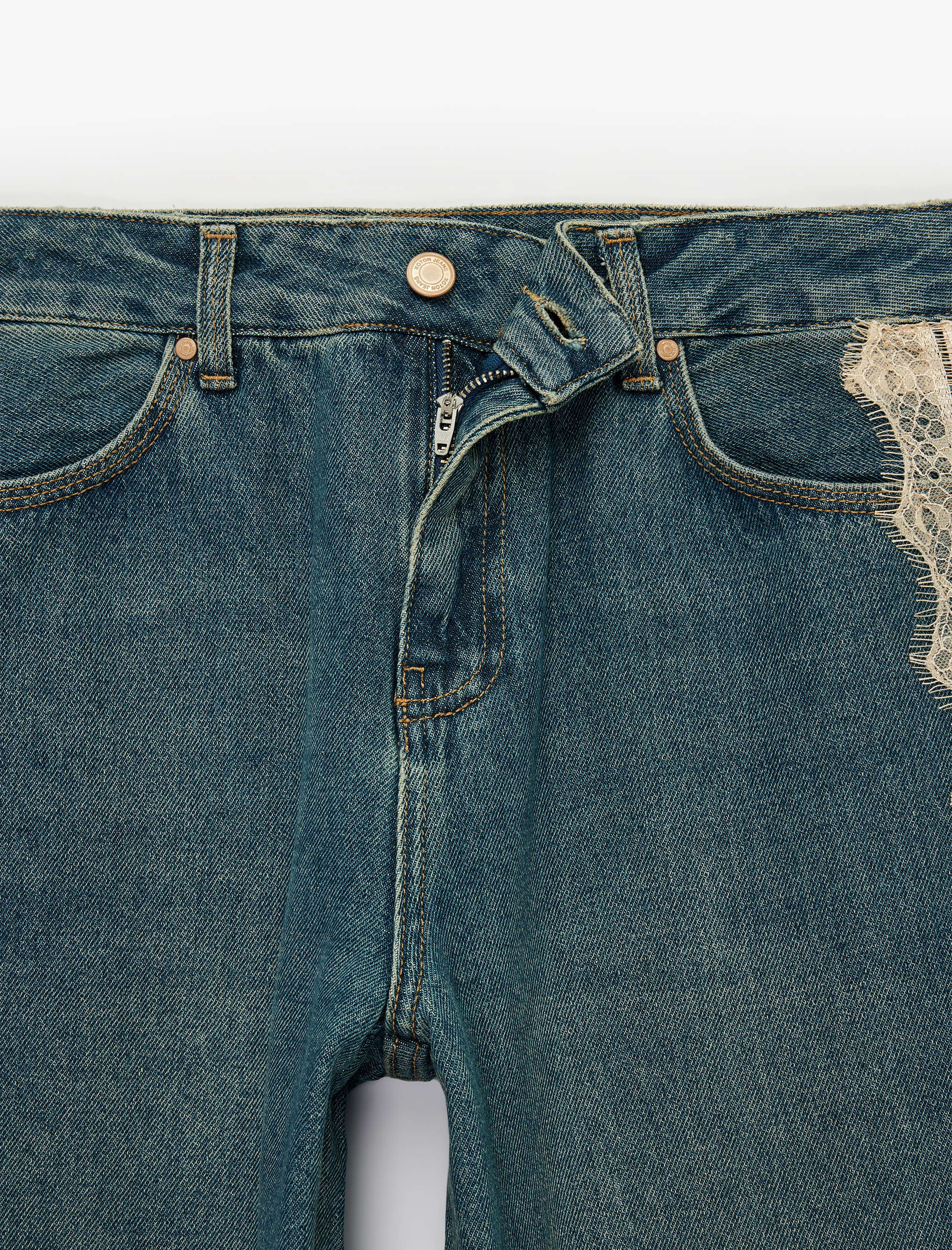   Dantel Detaylı Uzun Düz Paça Pamuklu Denim Pantolon - Straight Fit Jean