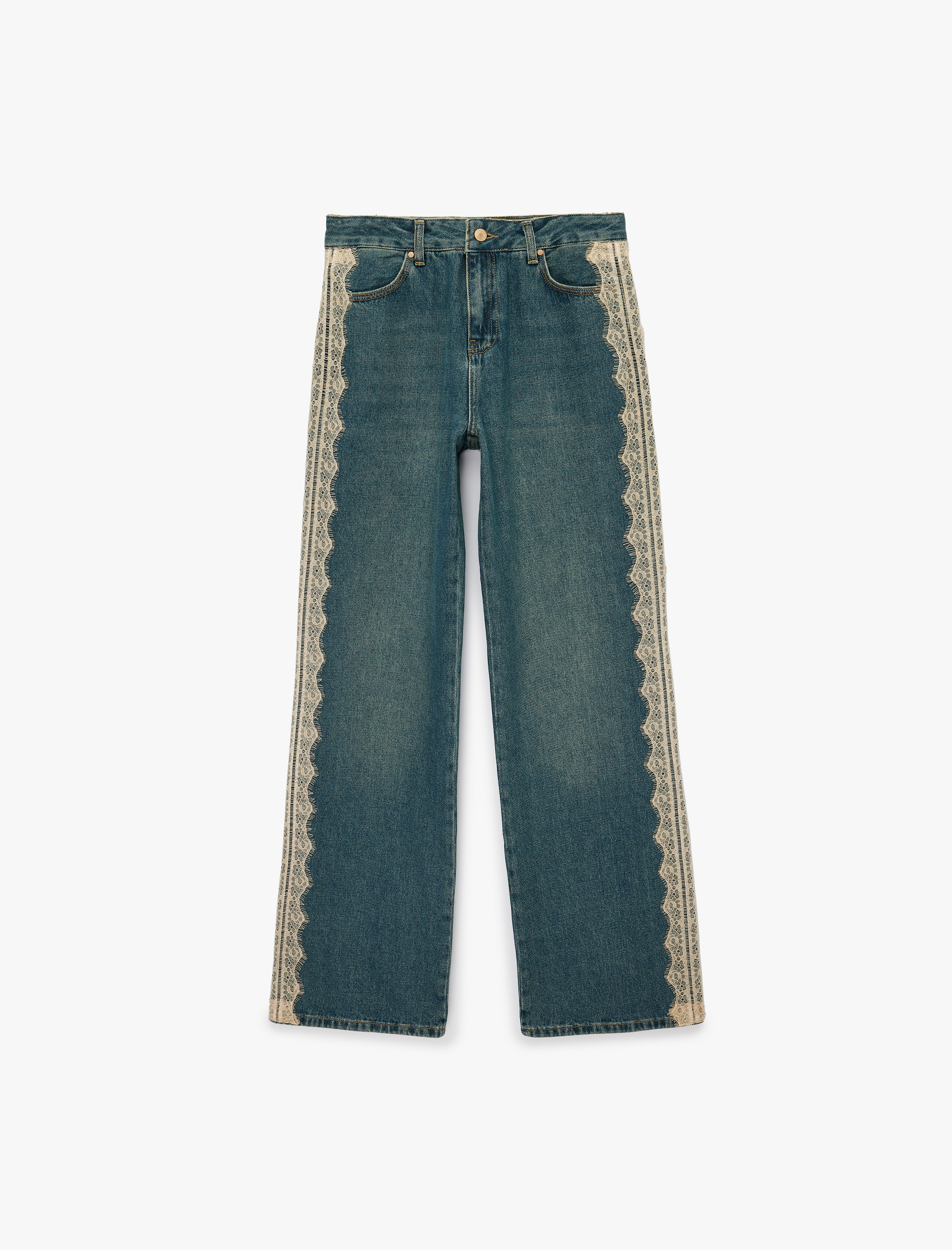   Dantel Detaylı Uzun Düz Paça Pamuklu Denim Pantolon - Straight Fit Jean