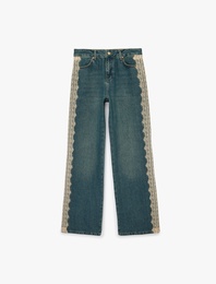 Dantel Detaylı Uzun Düz Paça Pamuklu Denim Pantolon - Straight Fit Jean