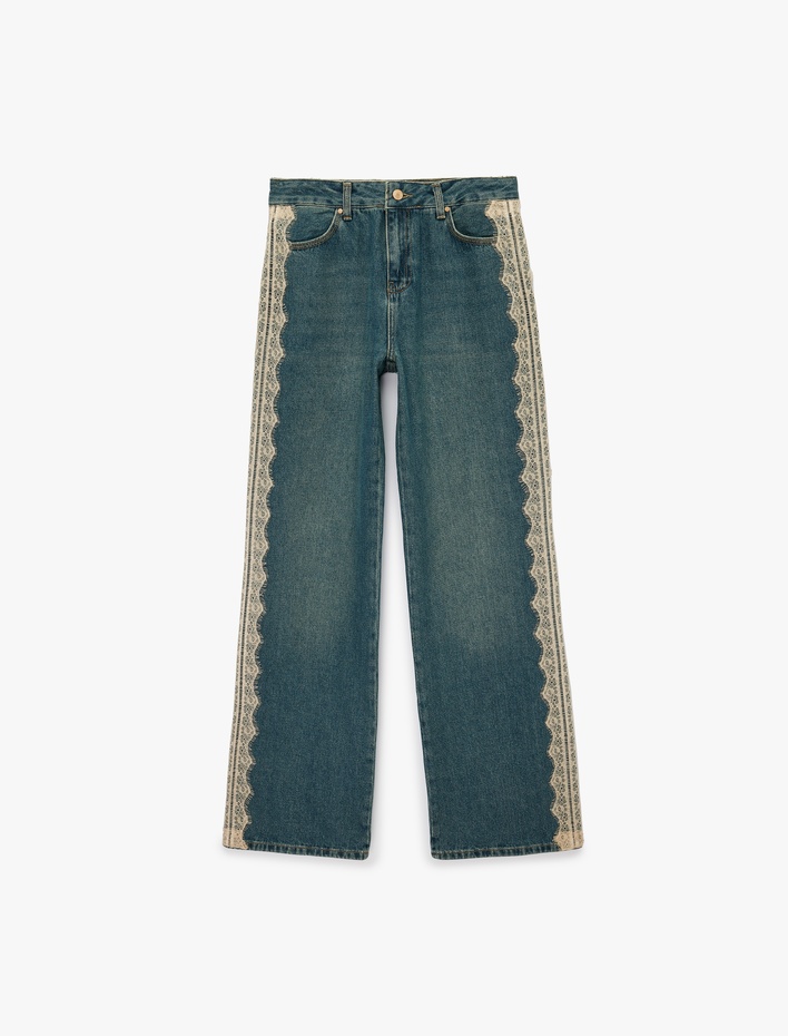  Dantel Detaylı Uzun Düz Paça Pamuklu Denim Pantolon - Straight Fit Jean