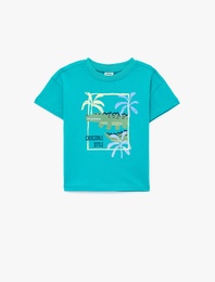 Kısa Kollu Pamuklu Bisiklet Yaka Baskılı Oversize Tişört