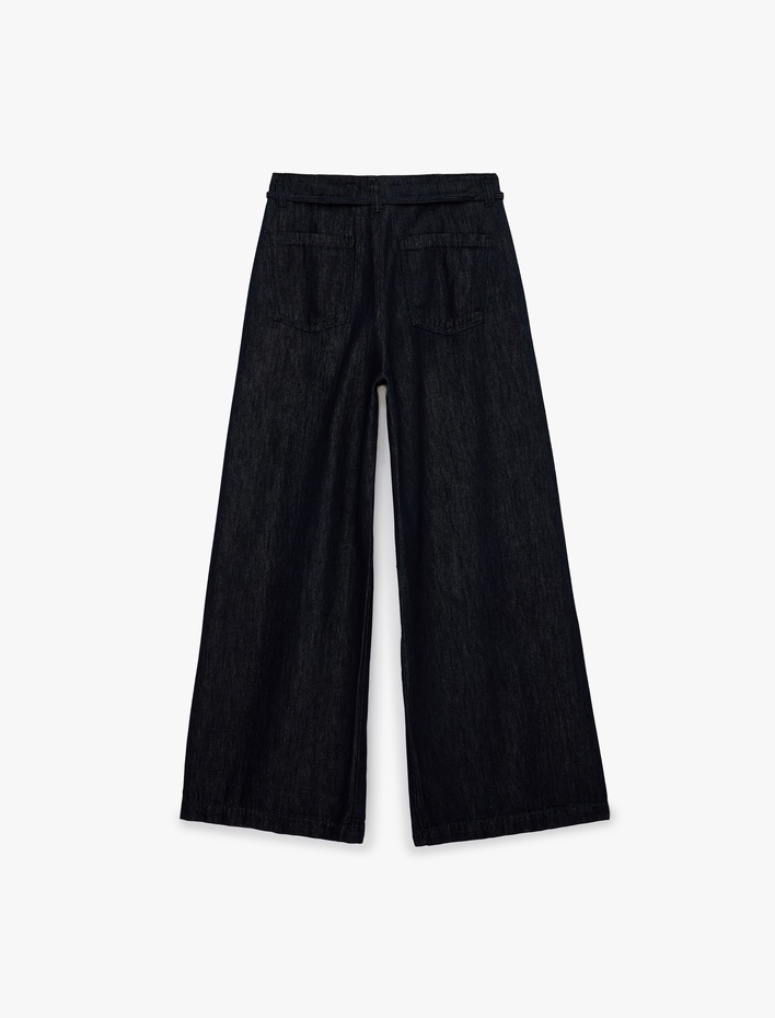  Relax Fit Yüksek Bel Bağcıklı Geniş Paça Denim Pantolon -  Wide Leg Jeans