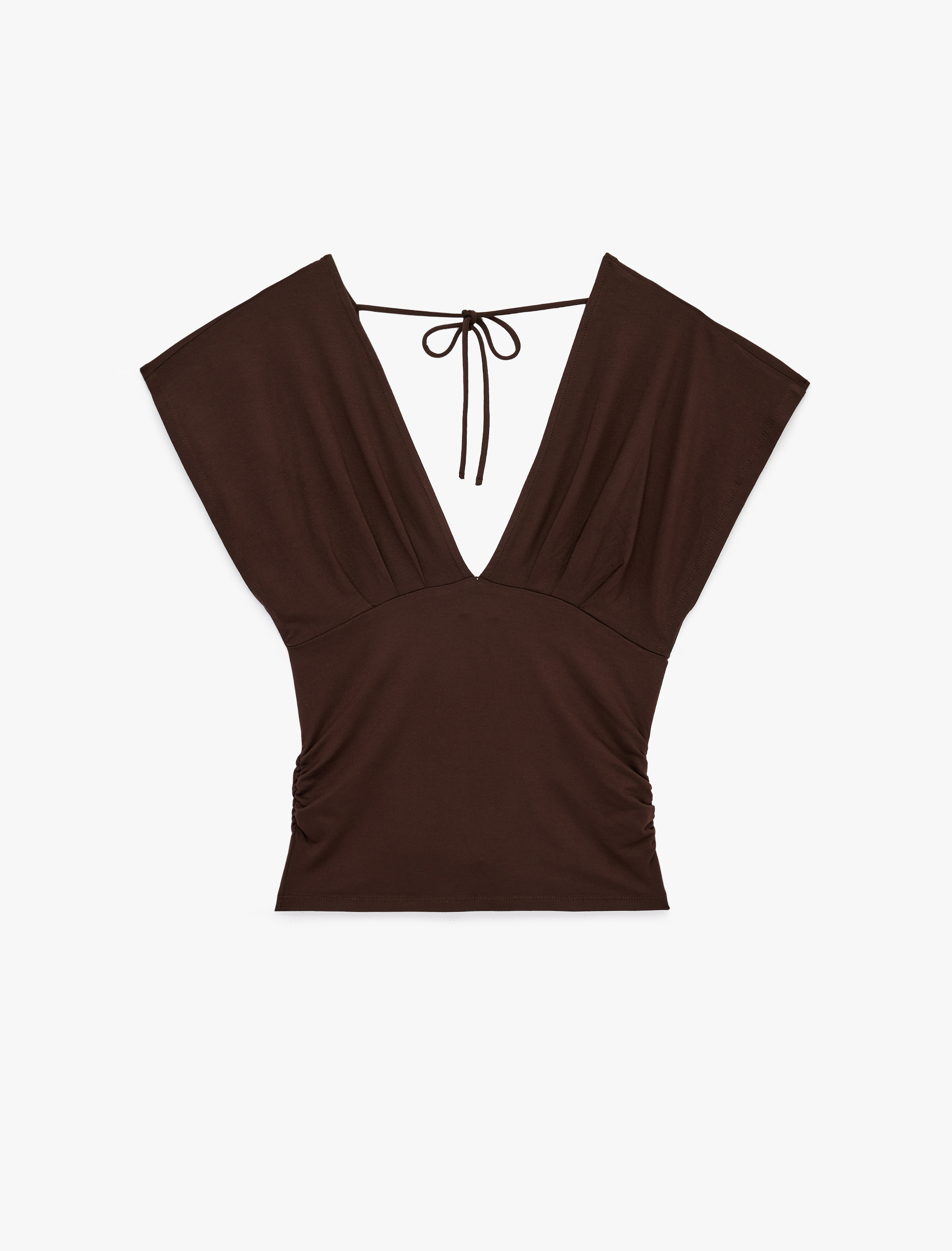   Slim Fit Kısa Kollu Bağlama Detaylı V Yaka Bluz