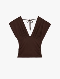 Slim Fit Kısa Kollu Bağlama Detaylı V Yaka Bluz