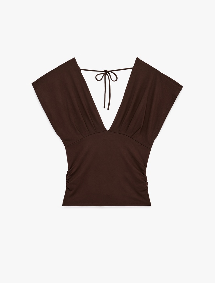  Slim Fit Kısa Kollu Bağlama Detaylı V Yaka Bluz