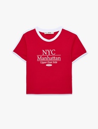 Slim Fit Kısa Kollu Bisiklet Yaka Pamuklu Biyeli Baskılı Tişört