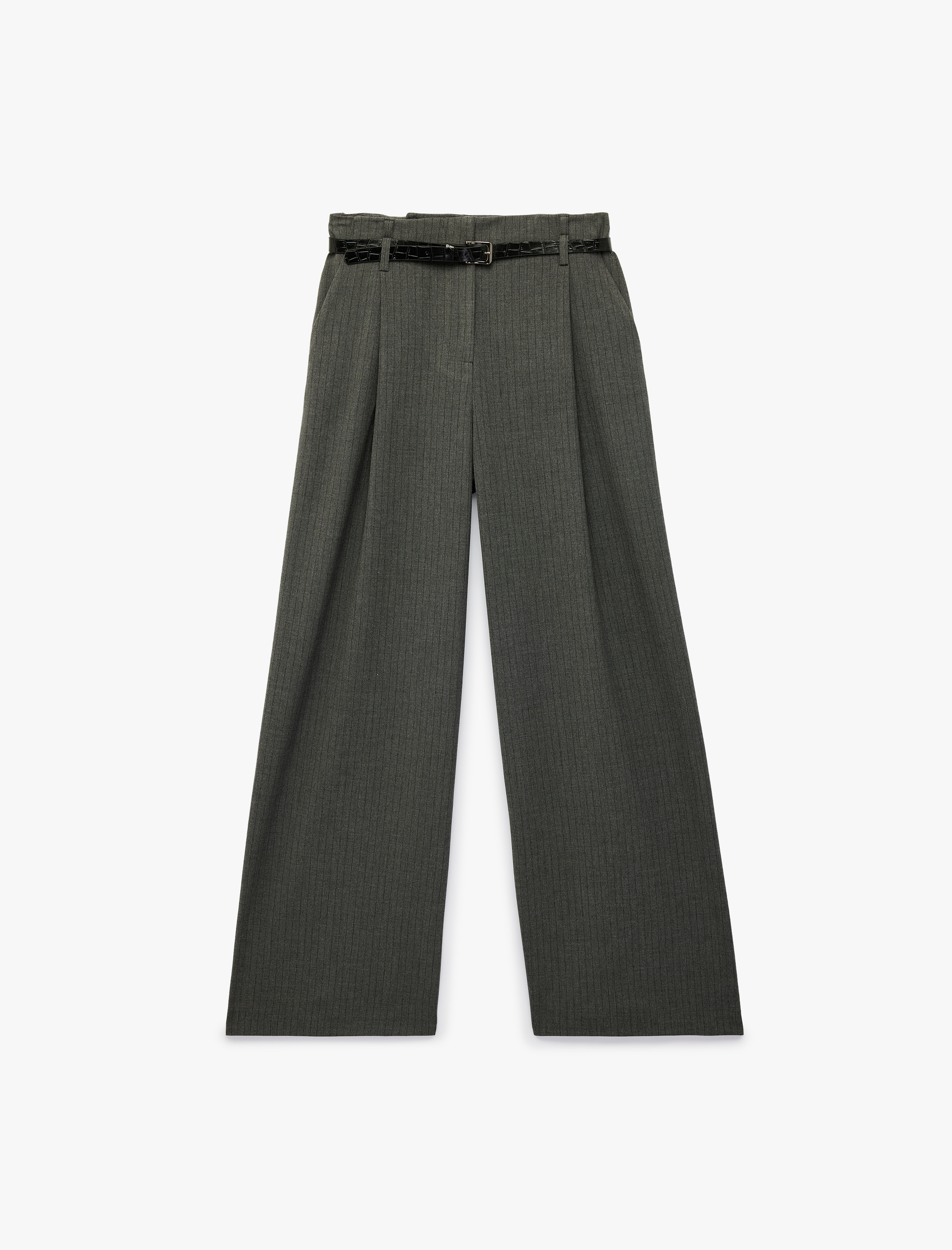   Pileli Düz Bol Paça Kemerli Çizgili Kumaş Pantolon