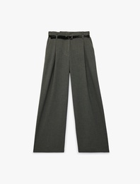 Pileli Düz Bol Paça Kemerli Çizgili Kumaş Pantolon