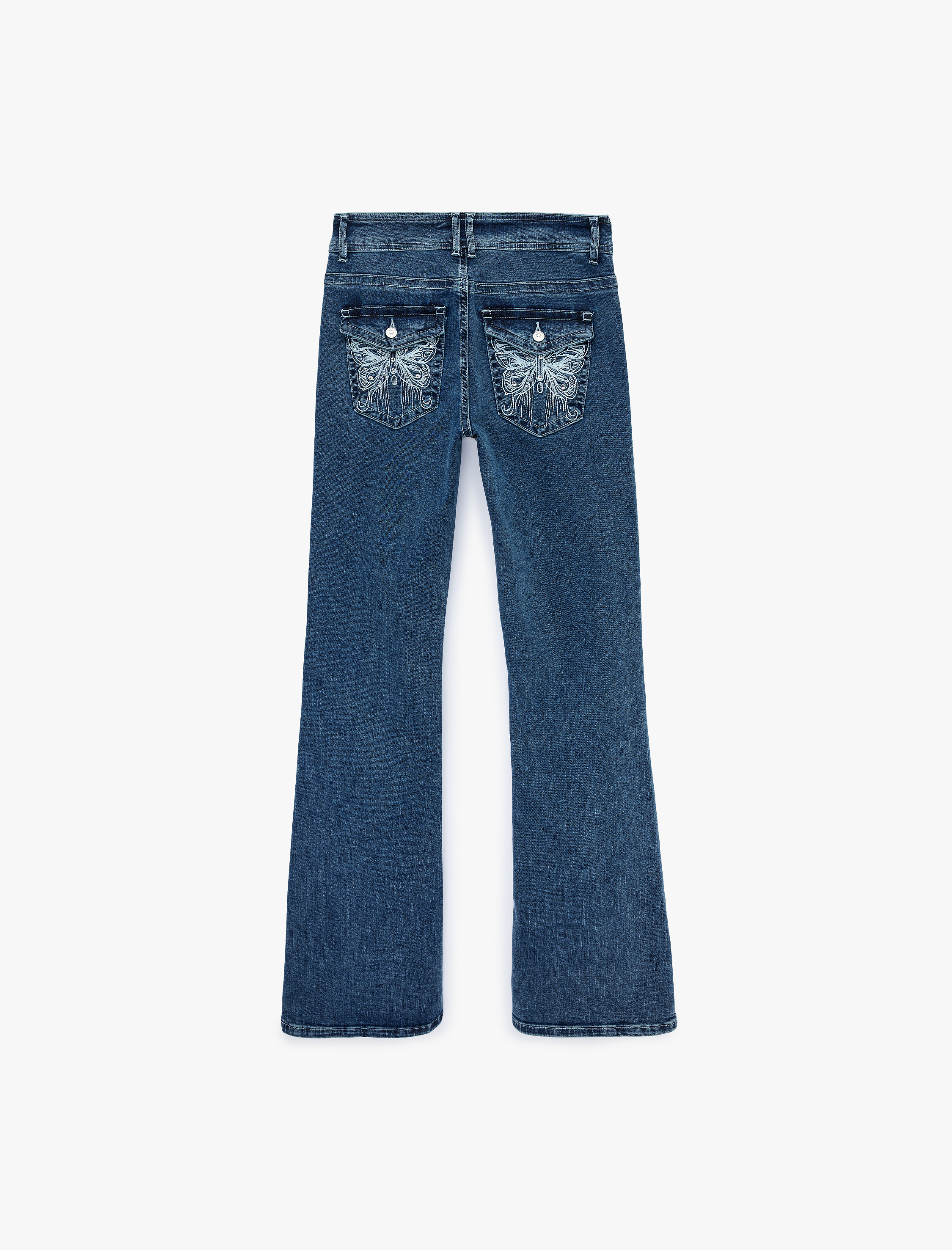   Pamuklu Düşük Bel İspanyol Paça Kelebek Nakışlı Denim Pantolon - Flare Jeans