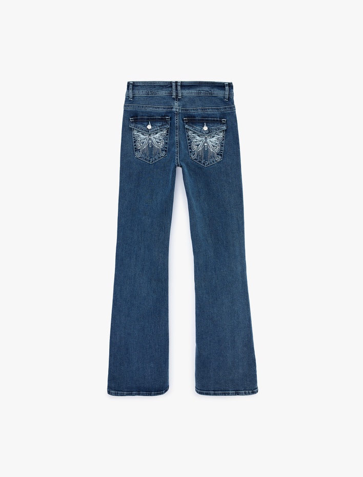  Pamuklu Düşük Bel İspanyol Paça Kelebek Nakışlı Denim Pantolon - Flare Jeans