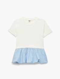 Pamuklu Pileli Bisiklet Yaka Kısa Kollu Tişört