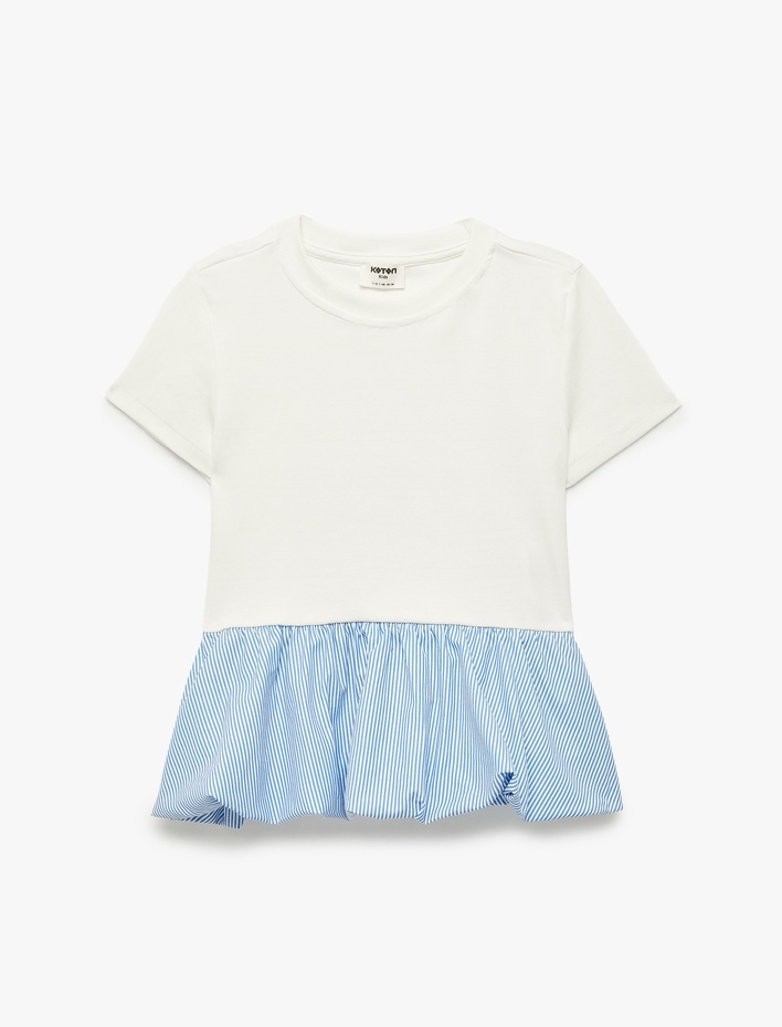 Kız Çocuk Pamuklu Pileli Bisiklet Yaka Kısa Kollu Tişört