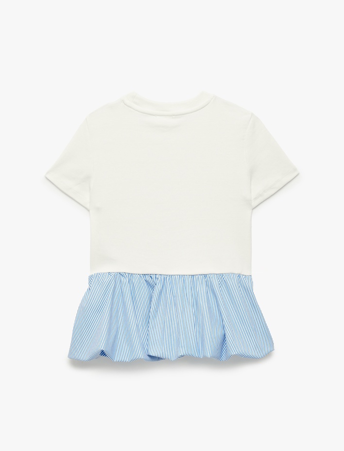 Kız Çocuk Pamuklu Pileli Bisiklet Yaka Kısa Kollu Tişört