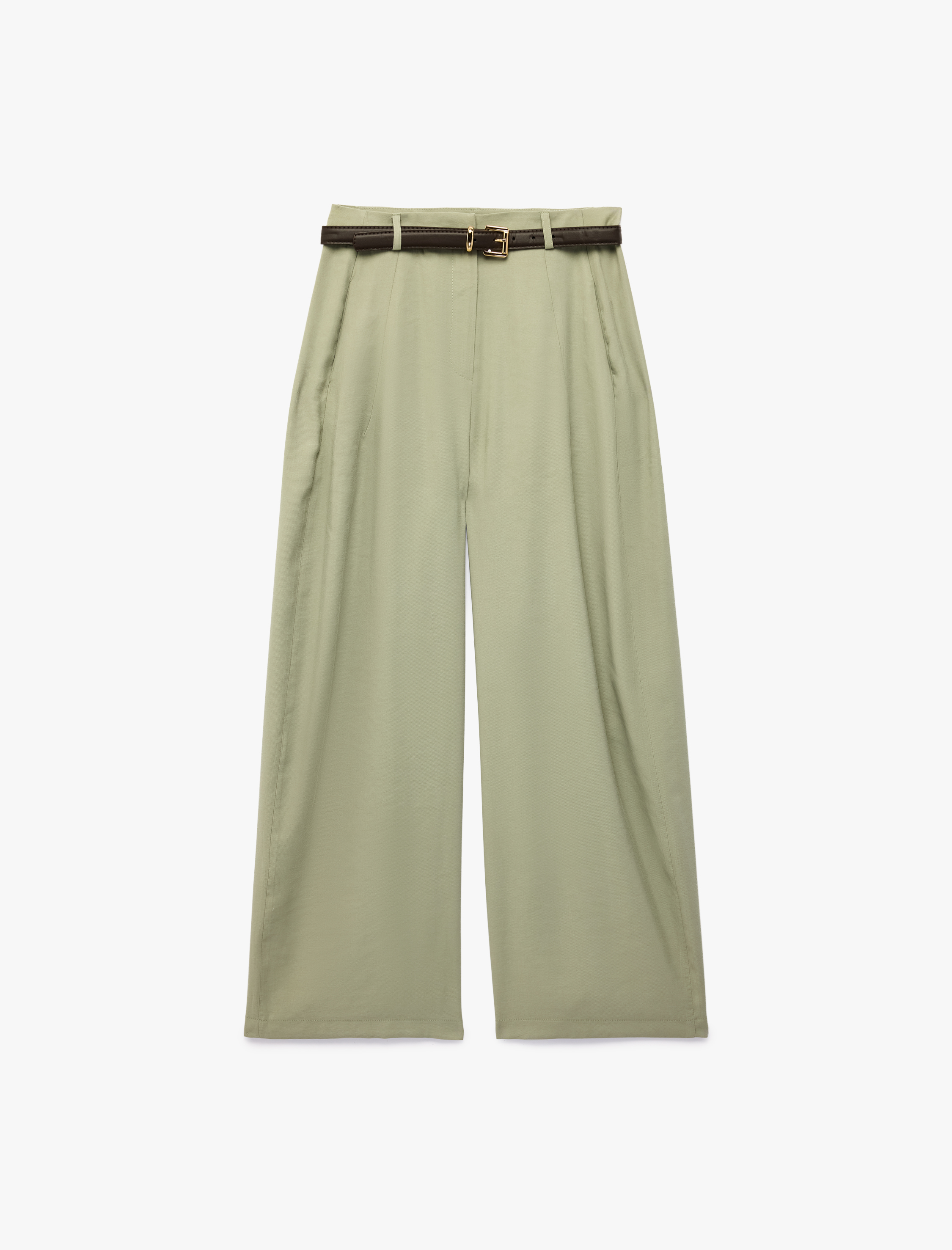   Modal Kumaş Cepli Pile Detaylı Kemerli Geniş Paça Palazzo Pantolon